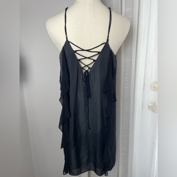 Kimchi Blue Lace Up Back Black Mini Ruffle Chiffon Halter Dress Size Small - Picture 8 of 12